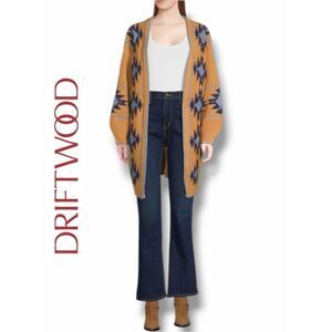 DRIFTWOOD Women's Aztec Mustard and Navy Geometric Open-Front Knit Cardigan in L